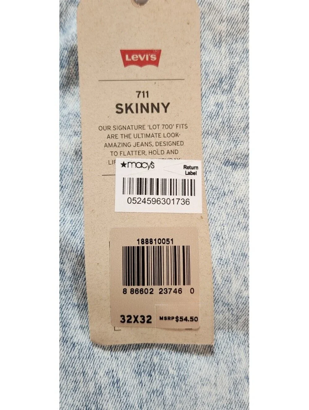 NWT Levi's 711 Skinny Jeans Men's 32x32 Light Acid Wash Denim